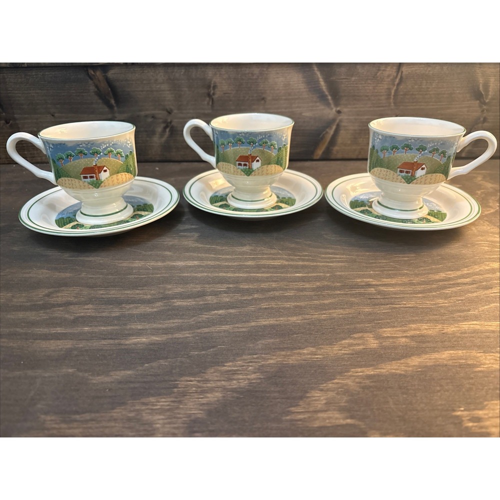 Sangostone Footed Coffee Cup & Saucer Country Cottage (3645) Set Of 3